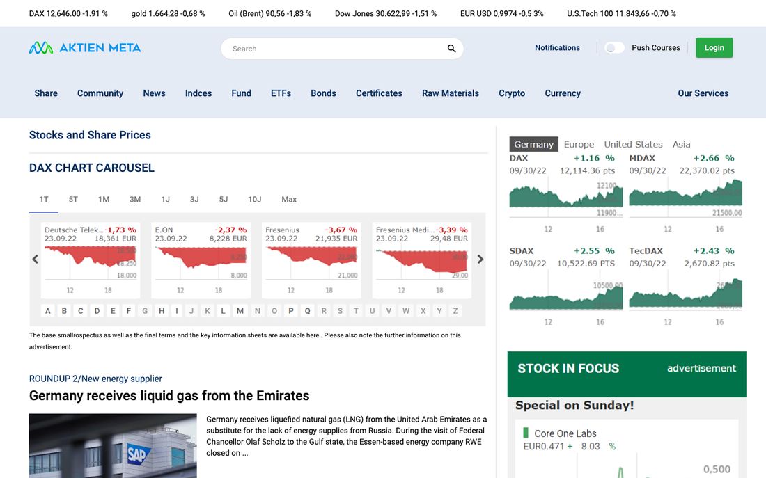 Screenshot of the Aktien Meta website
